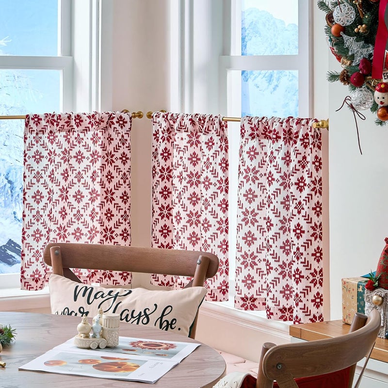 jinchan Snowflake Plaid Christmas Curtains 24 Inch Length Cafe Curtain Red Faux Canvas Textured Knit-Look Tier Curtains Holiday Christmas Decorations for Living Room Small Windows Rod Pocket 2 Panels - Image 4
